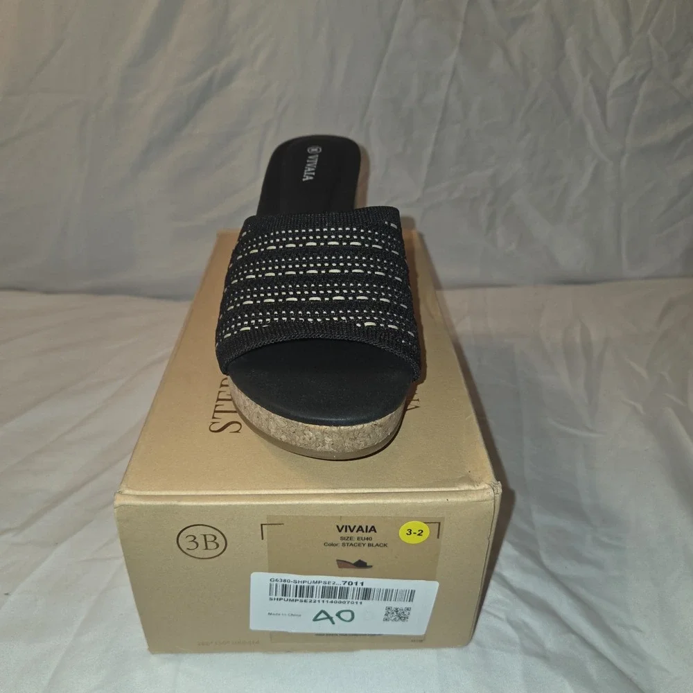 VIVAIA Stacey Black Cork Wedge Sandals Knit Slide‎ Shoes EU 40 US 9 Womens